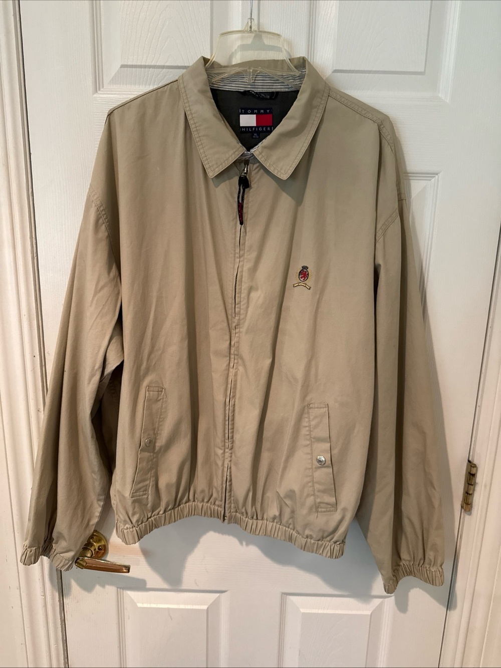 Vintage 90s Tommy Hilfiger Harrington Jacket Mens XL Khaki Tan Crest Logo Cotton